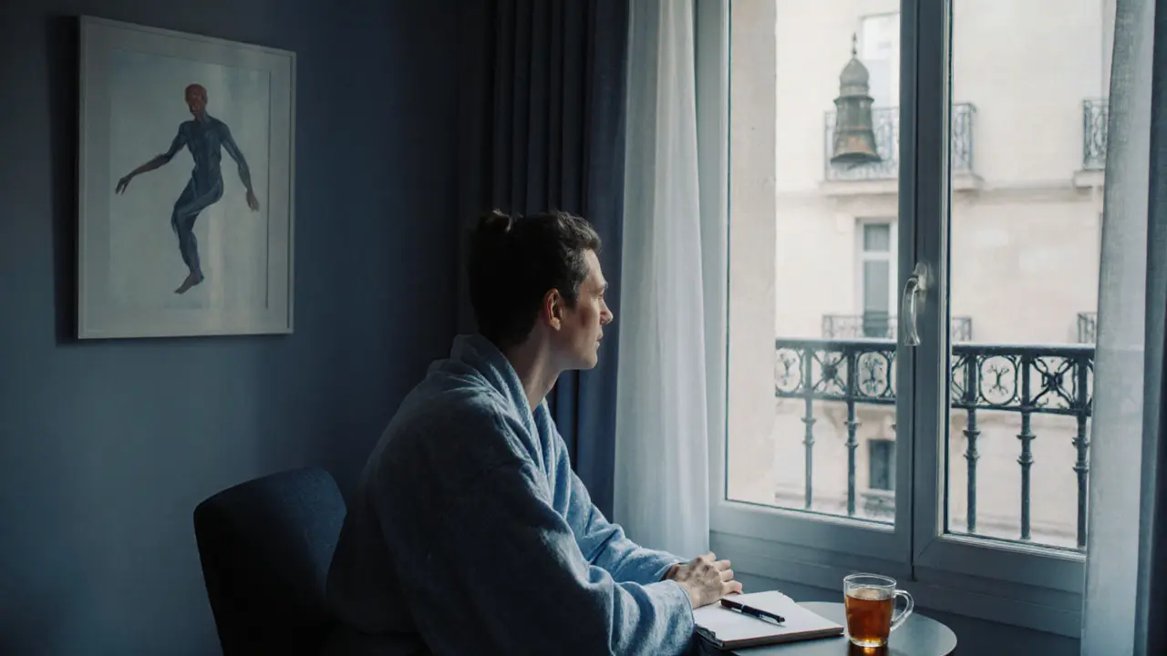 A client wrapped in a robe, sitting quietly by a window after a sensual massage session.