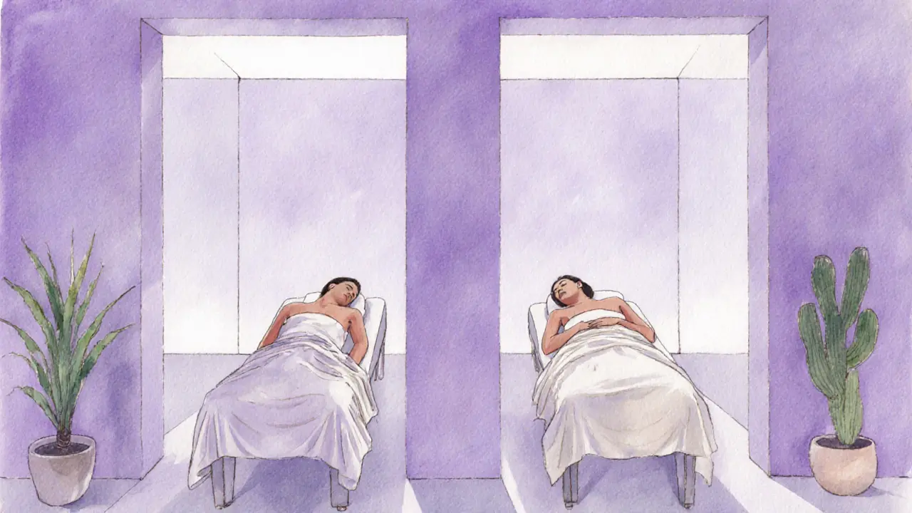 A couple relaxes side by side in separate massage beds at a luxury Dubai wellness center, each in quiet solitude under soft lavender lighting.