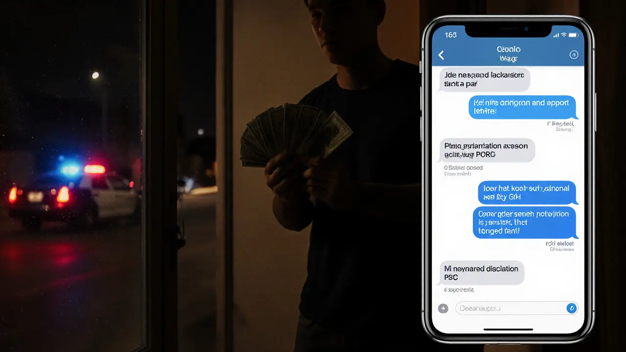 A dim apartment at night with police lights outside and a phone showing coded massage ads on the screen.