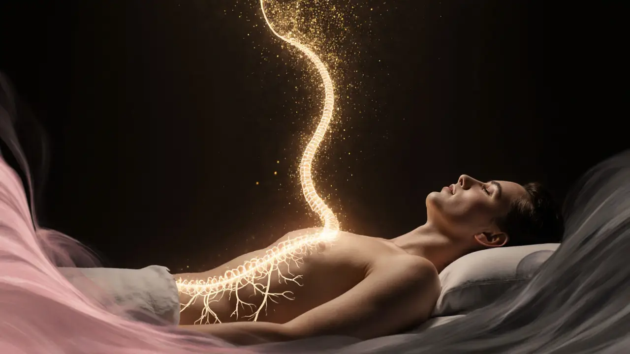 A glowing nervous system dissolves into golden light above a reclining figure, symbolizing deep stress release in a dim, intimate massage room.