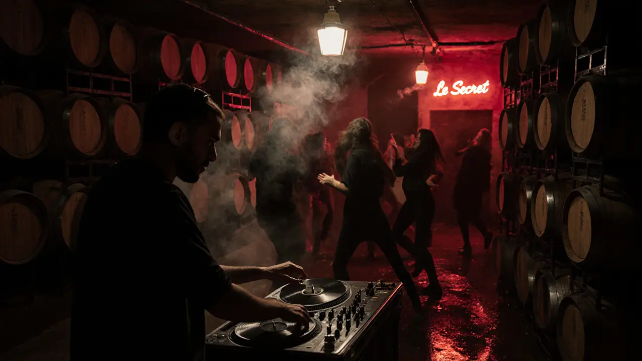 A hidden underground cellar with barrels and dim red light, silhouettes dancing amid smoke and vinyl spins.