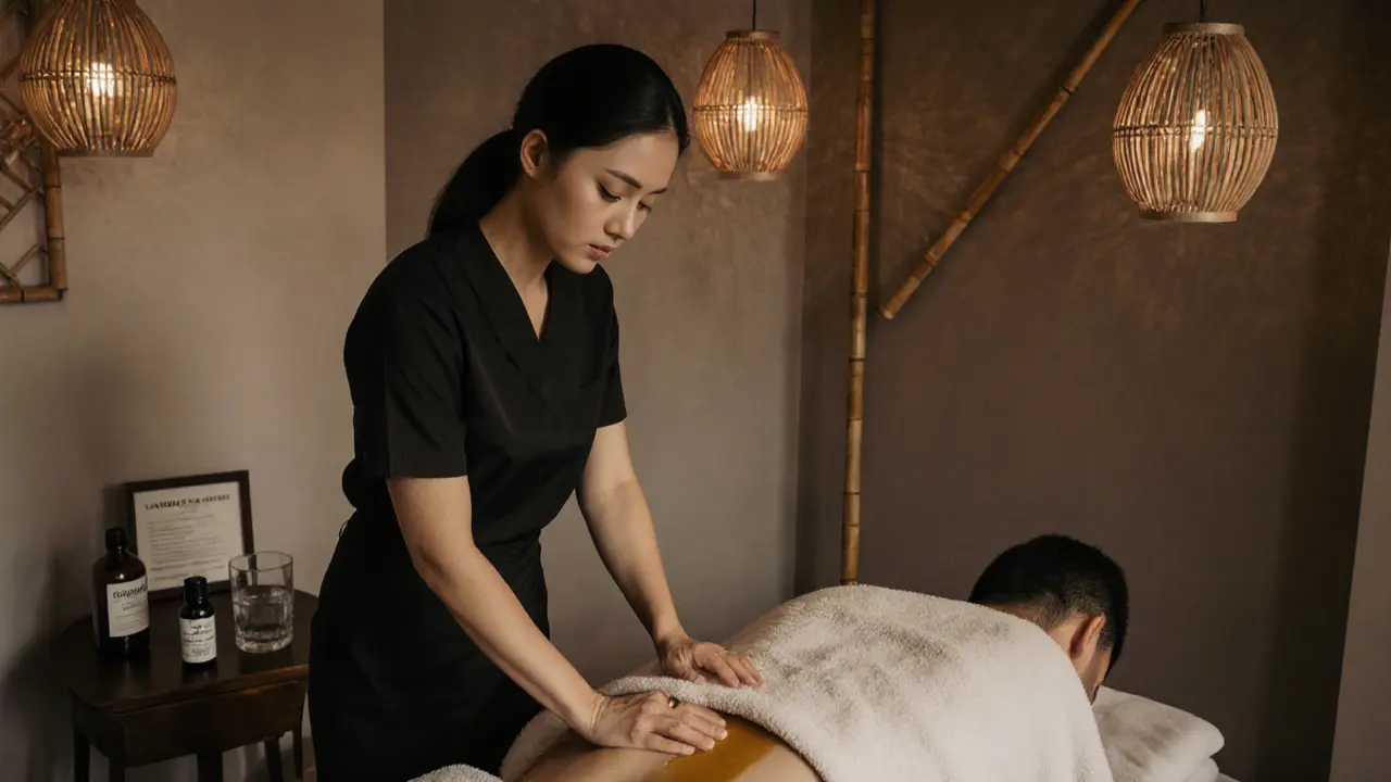 A licensed therapist professionally draping a client during a therapeutic massage in a quiet, elegant Dubai spa room.