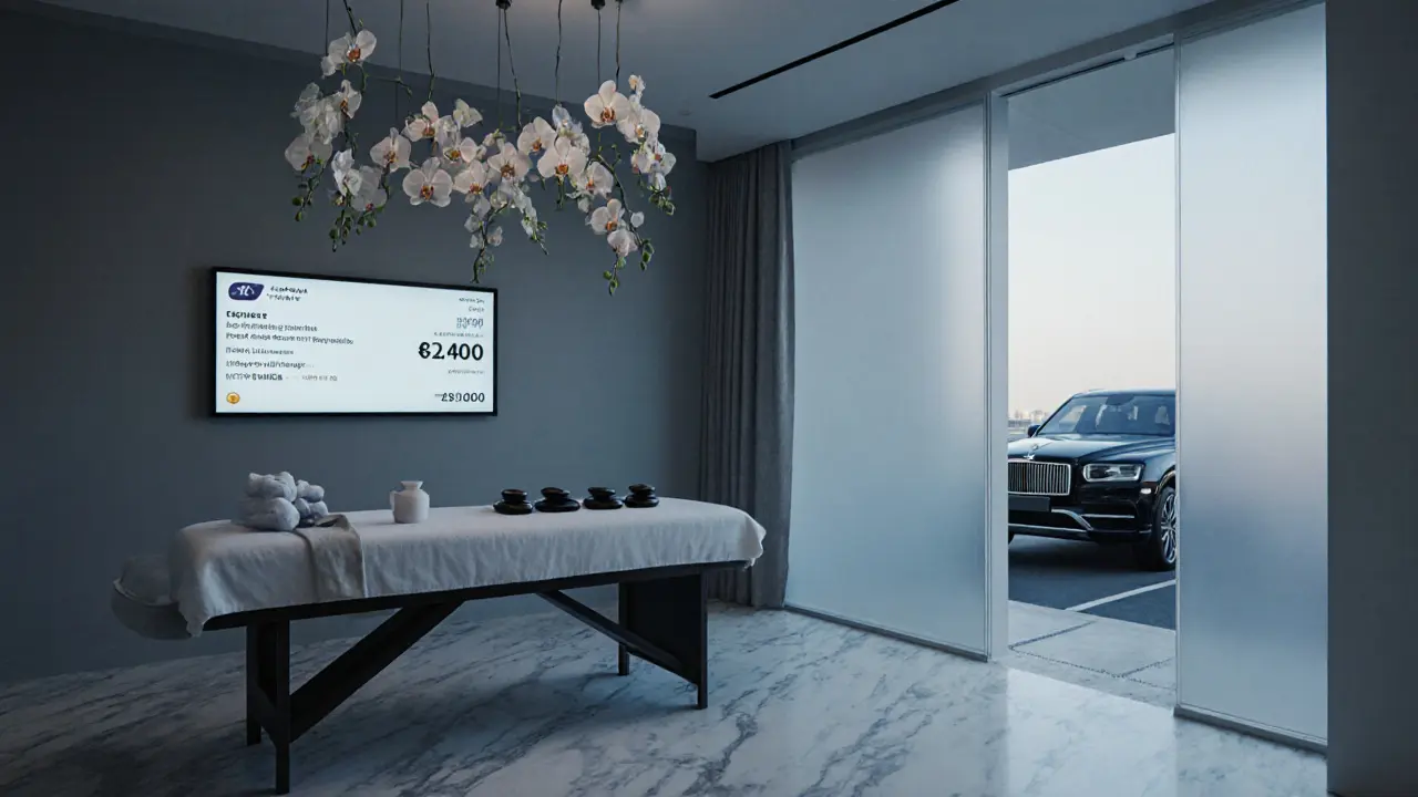 A luxury spa with &#039;holistic healing&#039; signage hides an empty massage room, while a cryptocurrency receipt on screen reveals hidden activity.