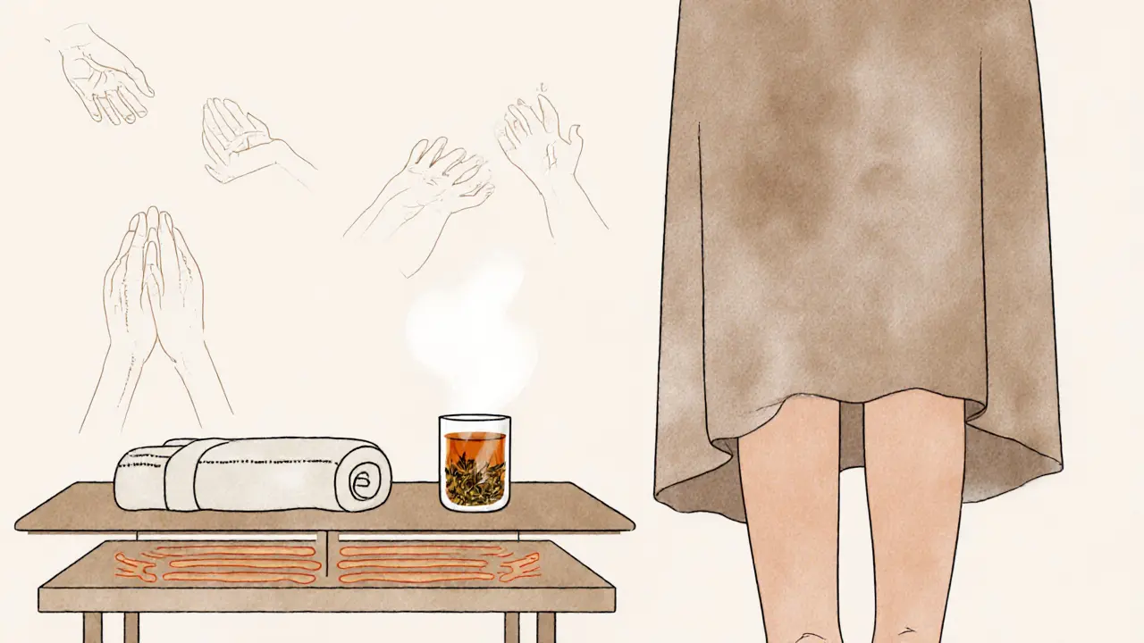 A minimalist illustration of a heated massage table with a towel, herbal tea, and bare feet under a drape—symbolizing presence and calm.
