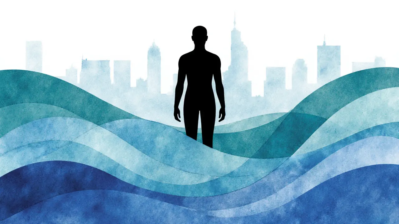 A minimalist silhouette with flowing energy waves representing stress release through bodywork.