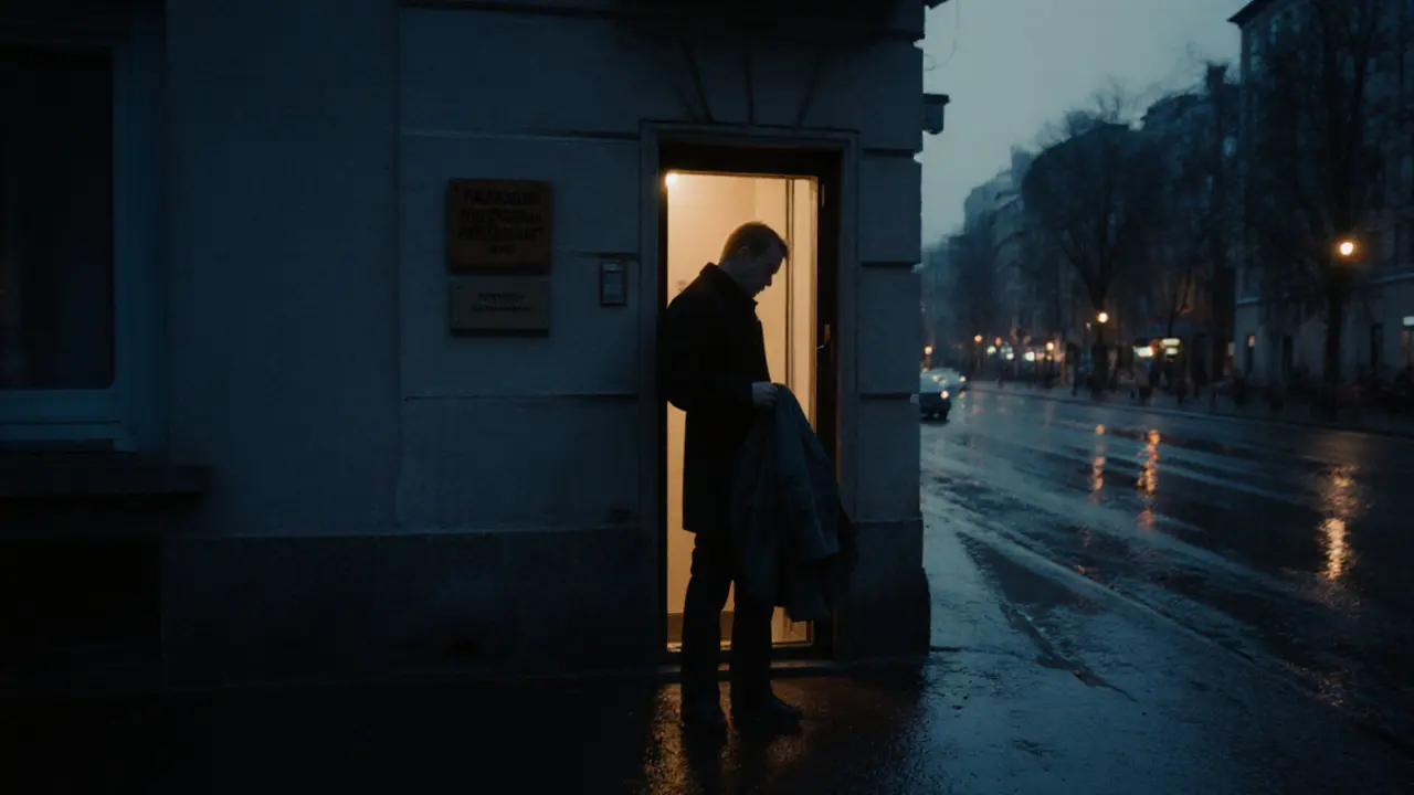 A nondescript apartment door in Berlin at dusk, a single figure hesitating outside, warm light glowing from within.