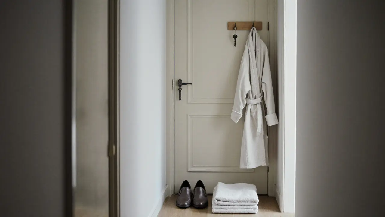 A pair of shoes and a robe beside a closed door in a quiet Berlin hallway, symbolizing consent and personal boundaries.