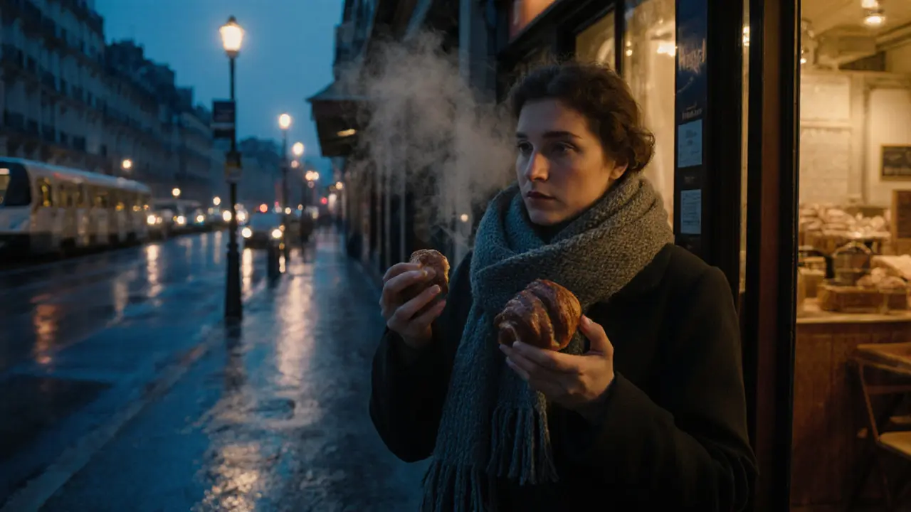 A person eating a warm pain au chocolat outside a 2 a.m. bakery in the quiet Parisian night.