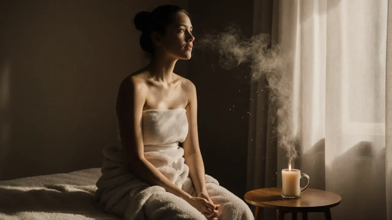 A person wrapped in a towel after a massage, tears on their face, holding a cup of tea in a quiet, sunlit room.