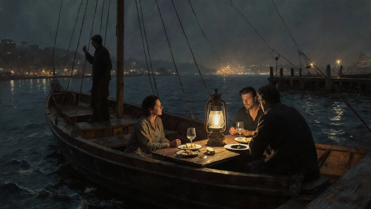 A quiet harbor boat bar in Moda at midnight, locals listening to vinyl under lantern light.