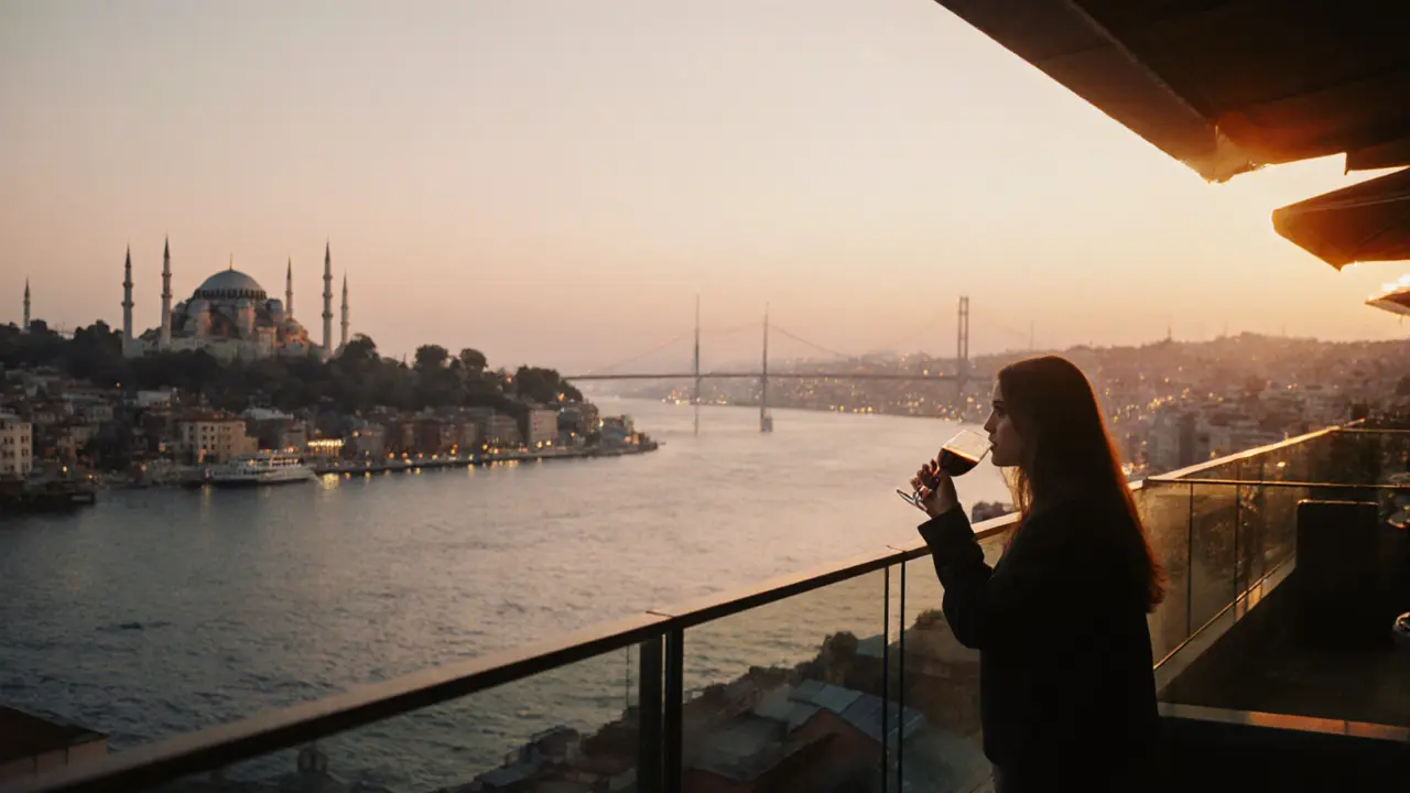 A quiet rooftop at dawn with city lights below and the call to prayer in the air.