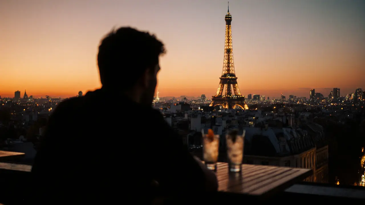 A rooftop bar at sunset with the Eiffel Tower sparkling in the distance.