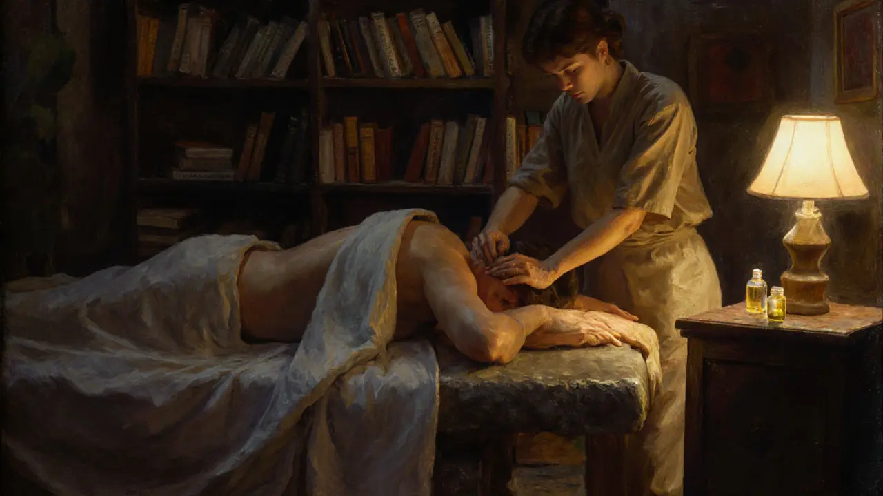 A serene 1990s Berlin wellness clinic with a practitioner giving a therapeutic massage, essential oils, and books on anatomy in the background.