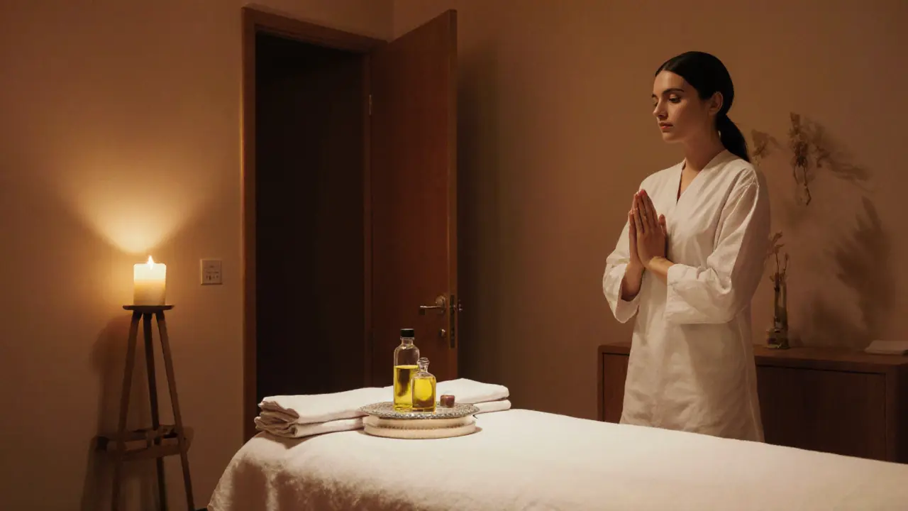A serene massage room with fresh linens, sanitized supplies, and a respectful therapist waiting quietly.