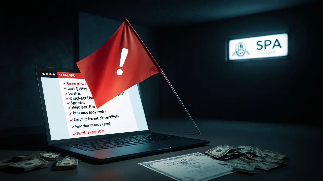 A shadowy illegal massage ad on a laptop with red flags and cash, contrasted with a legitimate spa sign in the distance.