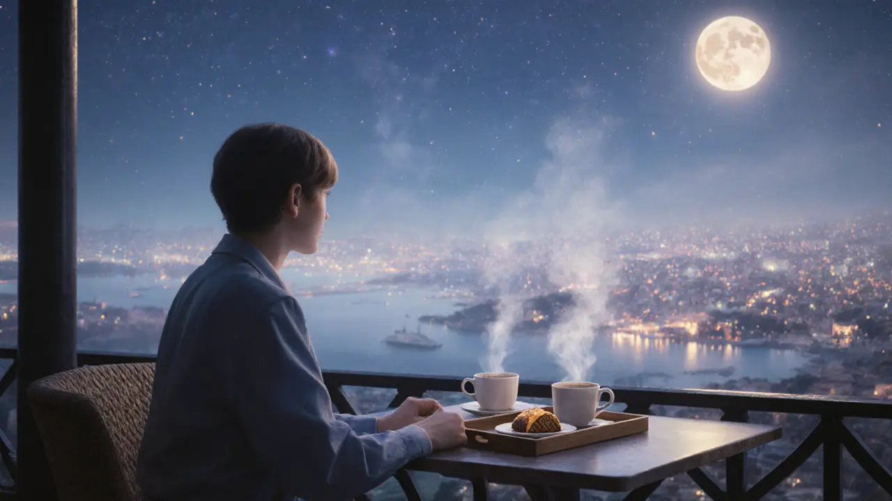 A solitary figure at Çamlıca Hill café overlooking Istanbul’s illuminated skyline at dawn.
