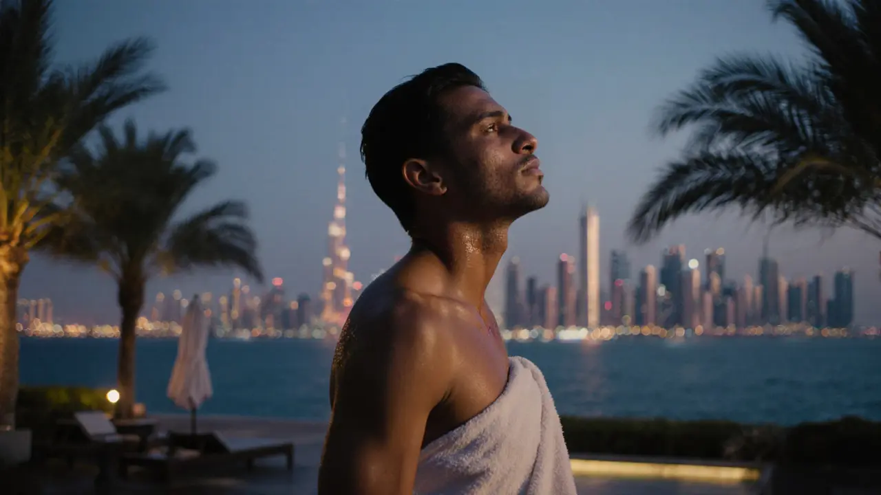 A solo traveler stepping out of a luxury spa at dusk, looking peaceful and emotionally released as the Dubai skyline glows behind them.