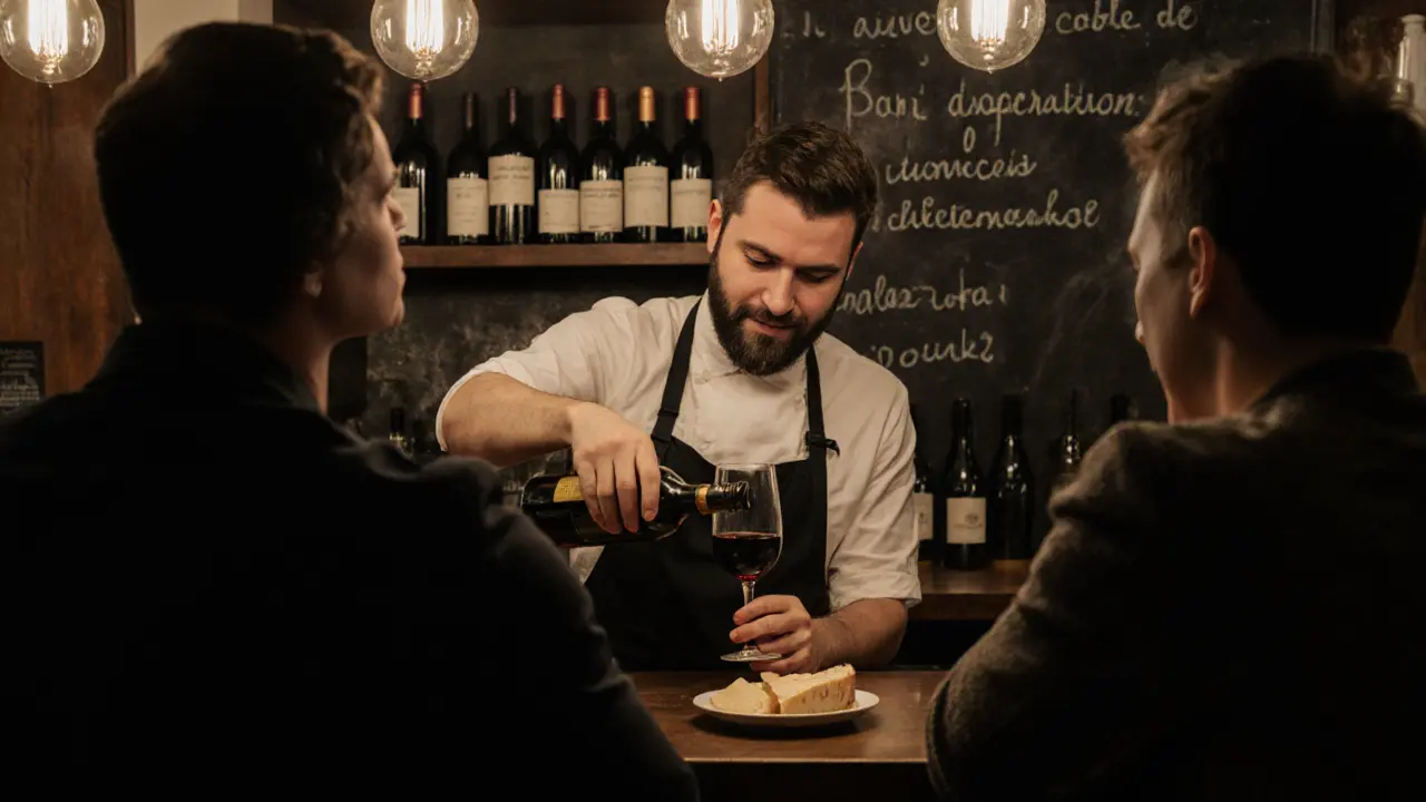 A sommelier pouring unlabeled natural wine in a dim, intimate Parisian wine bar.