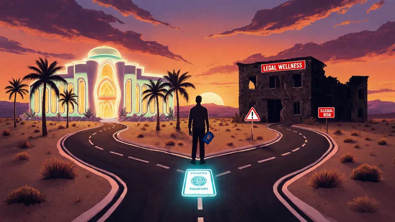 A symbolic desert road split between a glowing legal spa and a dark illegal risk, with a traveler at the crossroads.