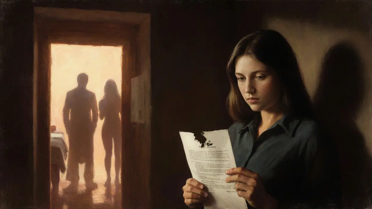 A vulnerable worker in a shelter, haunted by ghostly clients entering an illegal massage room, with light from a legal spa in the background.