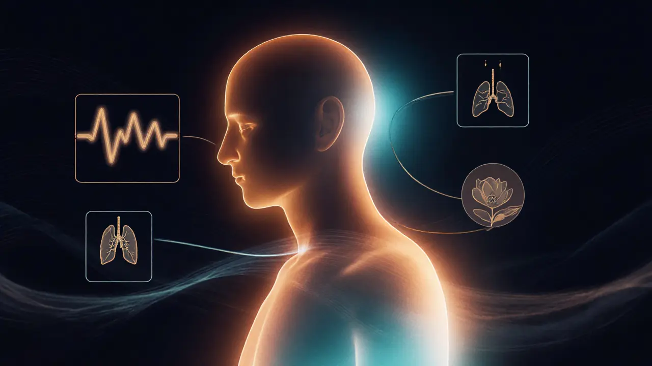 An abstract glowing human form with light waves symbolizing stress reduction and hormonal balance.