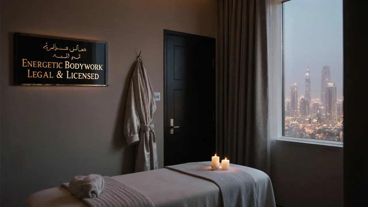 An empty luxury spa room with a massage table, candles, and a sign indicating legal energetic bodywork services.