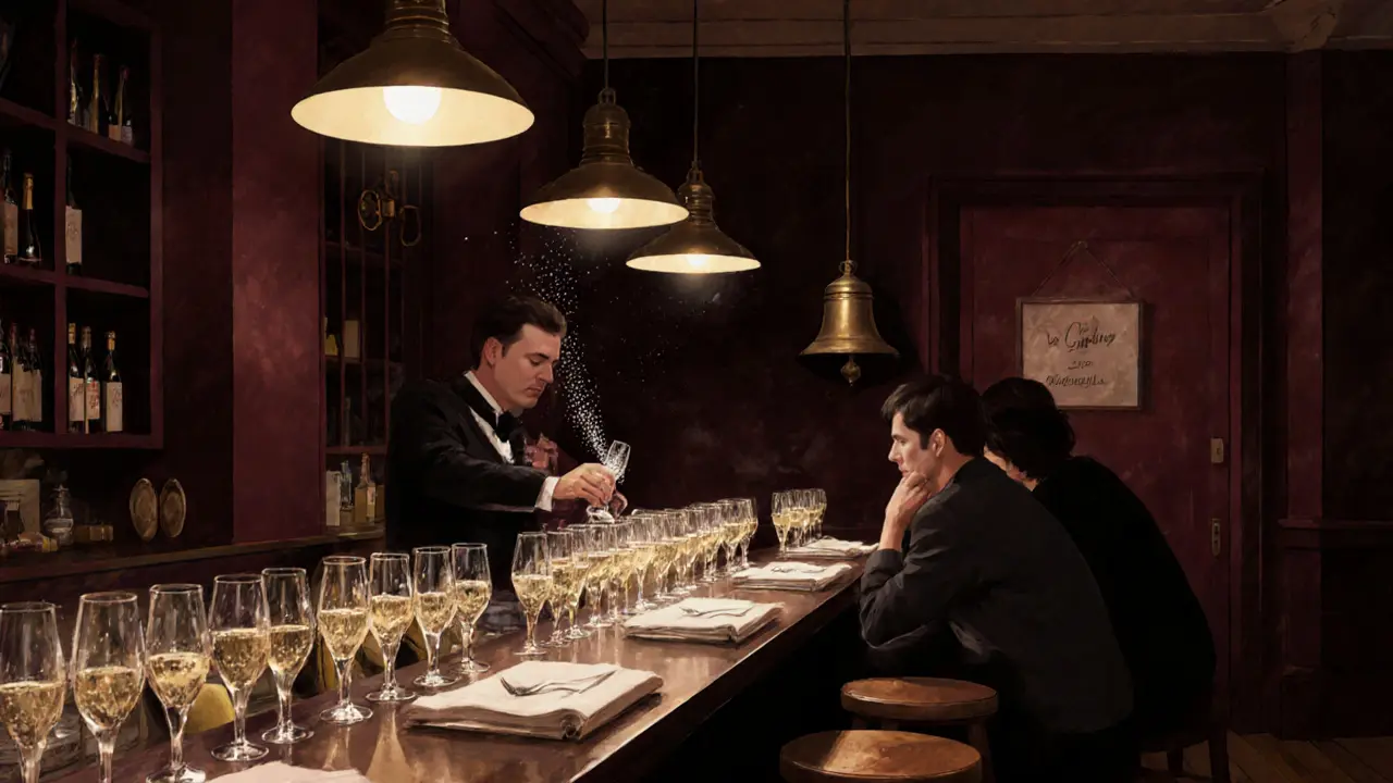 An intimate champagne bar with small glasses on a wooden counter, sommelier pouring wine under soft pendant lights.