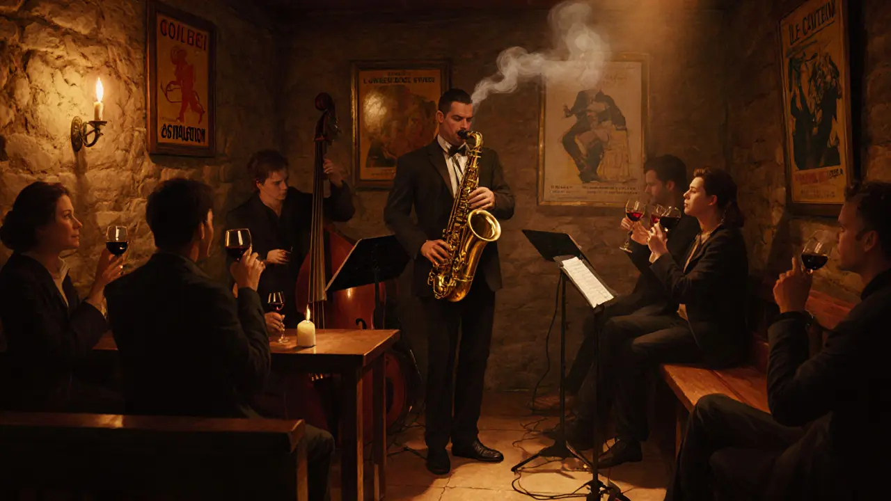 An intimate jazz cellar with musicians playing swing music under dim amber lights.