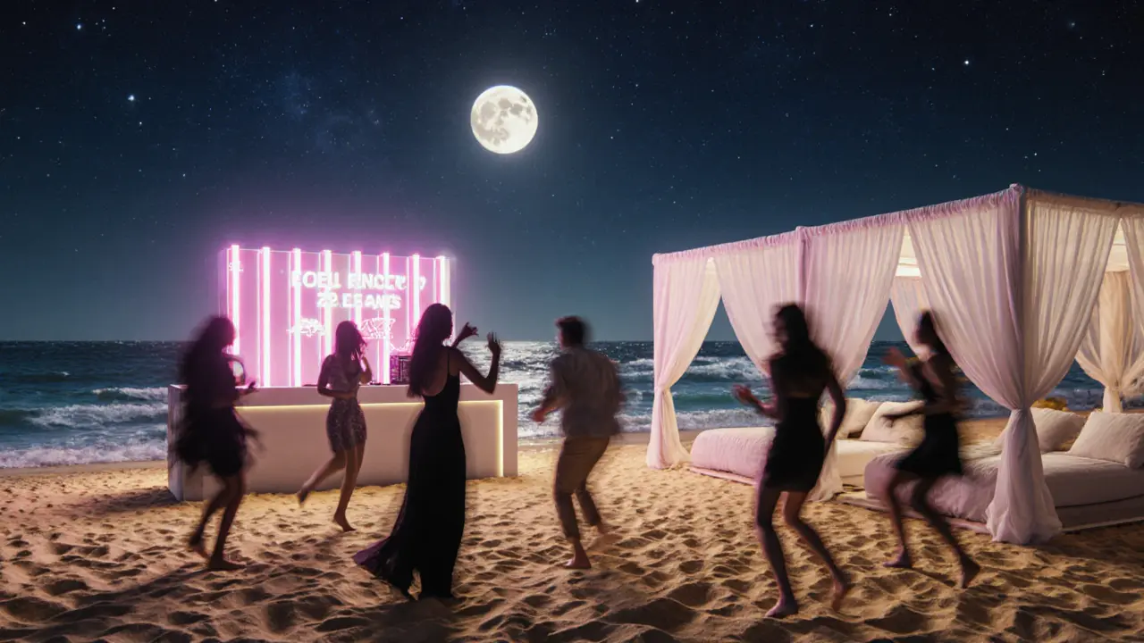 Beach club at night with people dancing on sand under stars and neon lights.