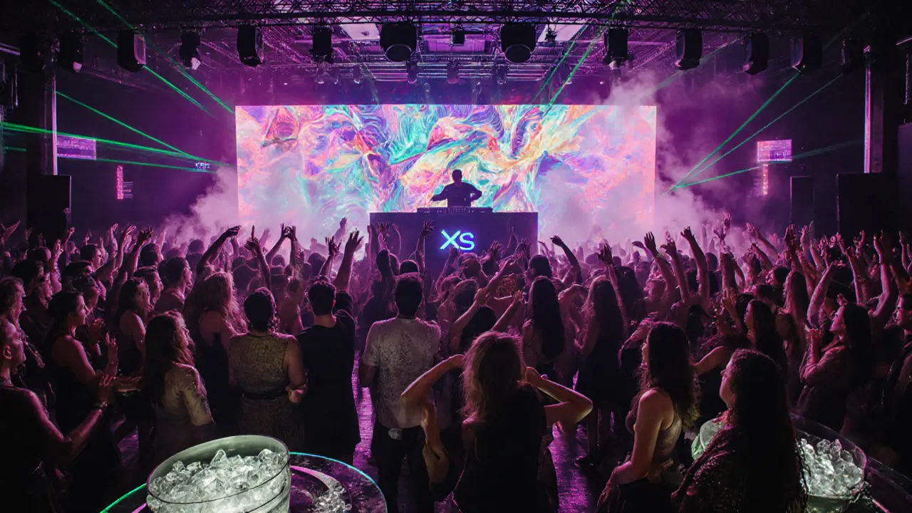 Busy nightclub with neon lights, dancing crowd, and DJ on stage under pulsing lasers.