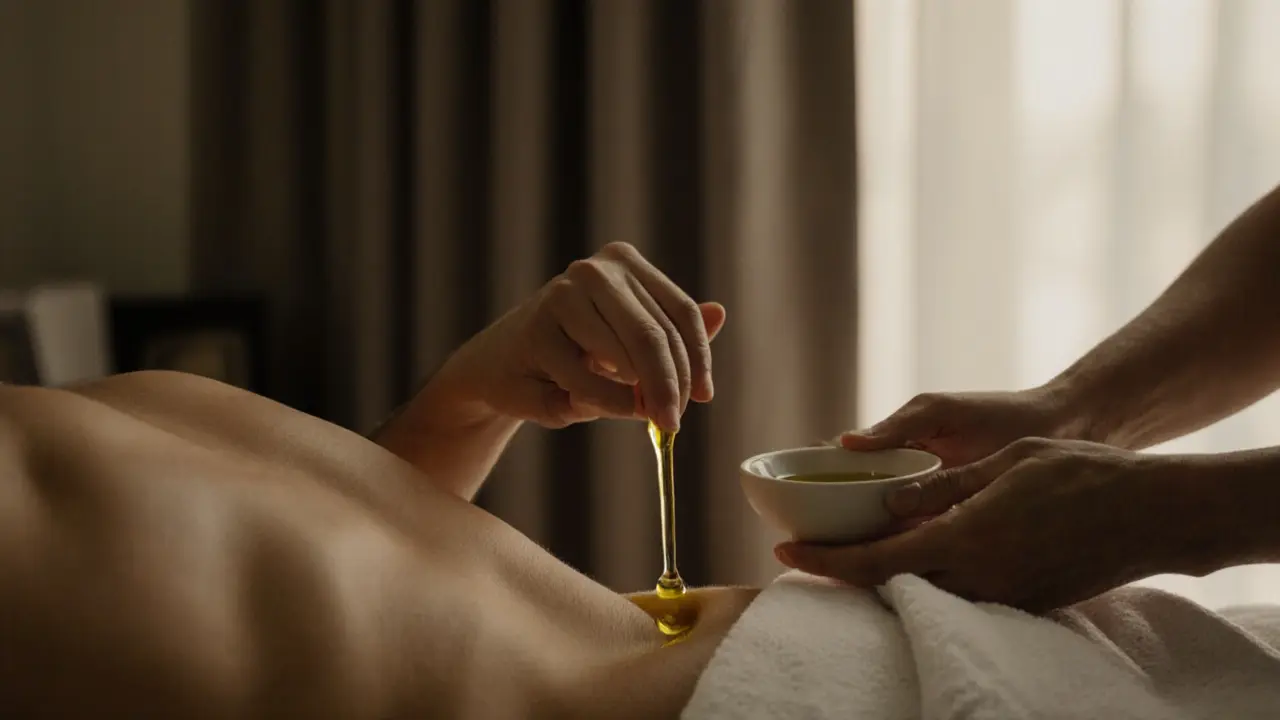 Close-up of hands applying warm oil in slow, deliberate strokes along a torso during a non-penetrative sensual session.
