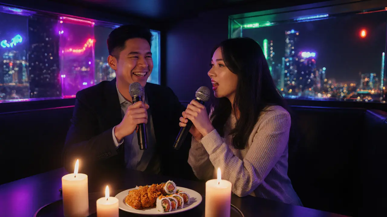 Couple singing in a private karaoke room with glowing LED walls and Korean snacks on the table.