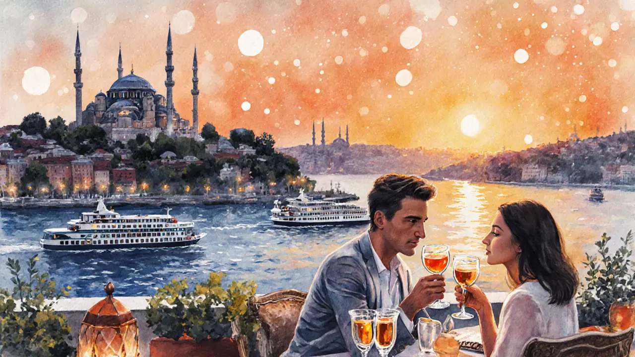 Couples enjoying raki on a Karaköy rooftop as the Galata Tower and Bosphorus glow in twilight.
