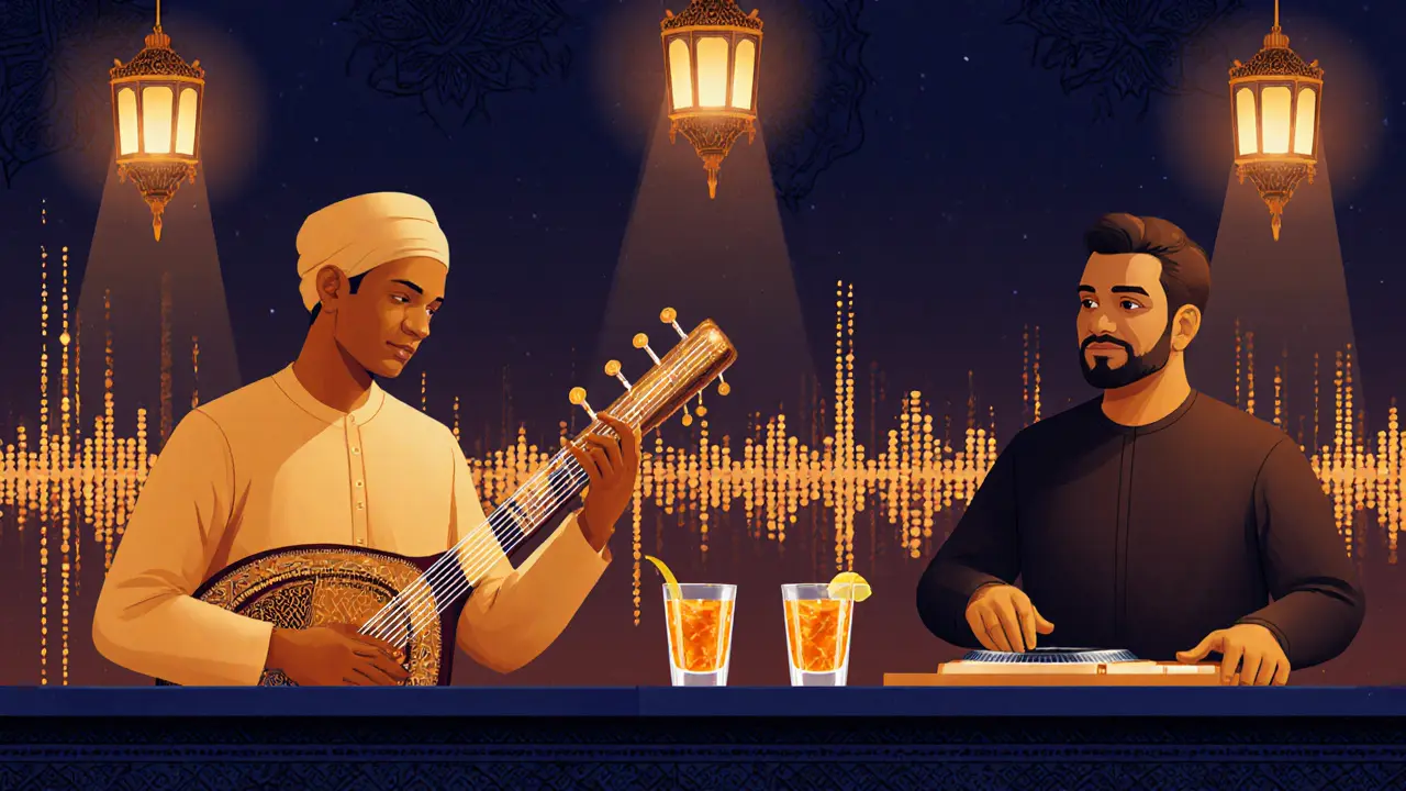 Cultural fusion lounge blending traditional Arabic music with modern electronic beats.