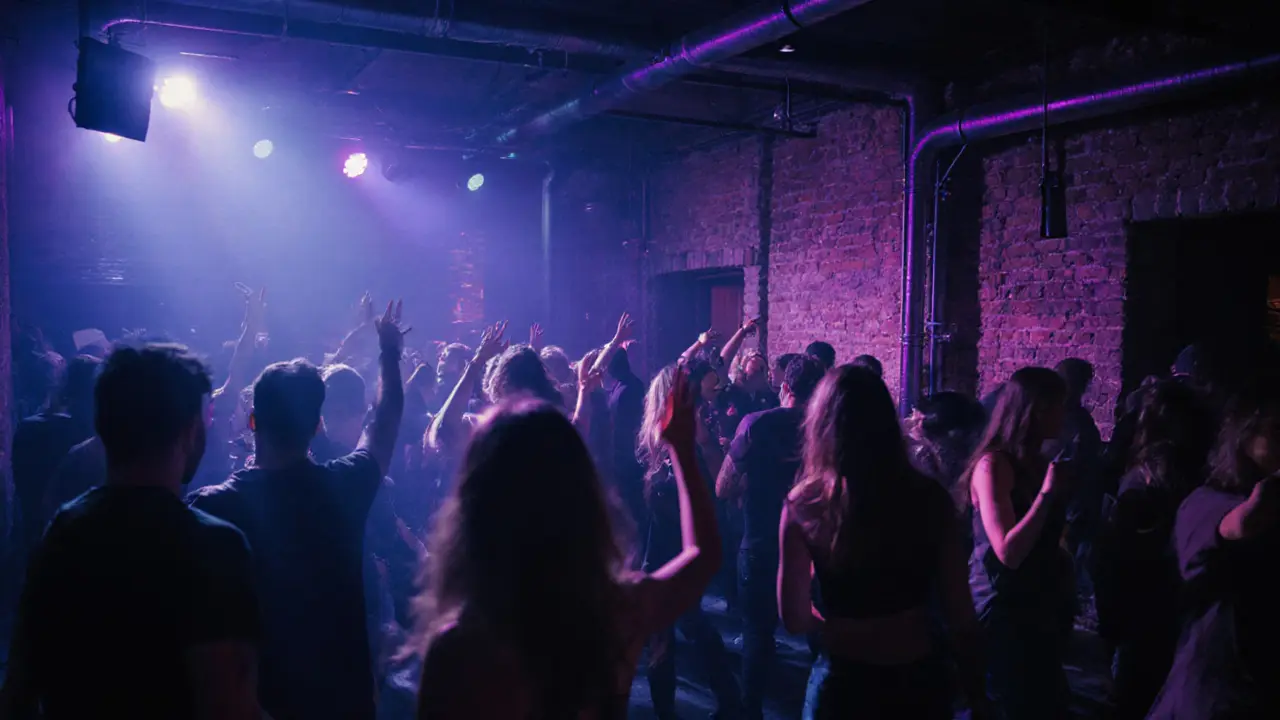 Dancers in an underground club bathed in neon lights, immersed in deep house music.