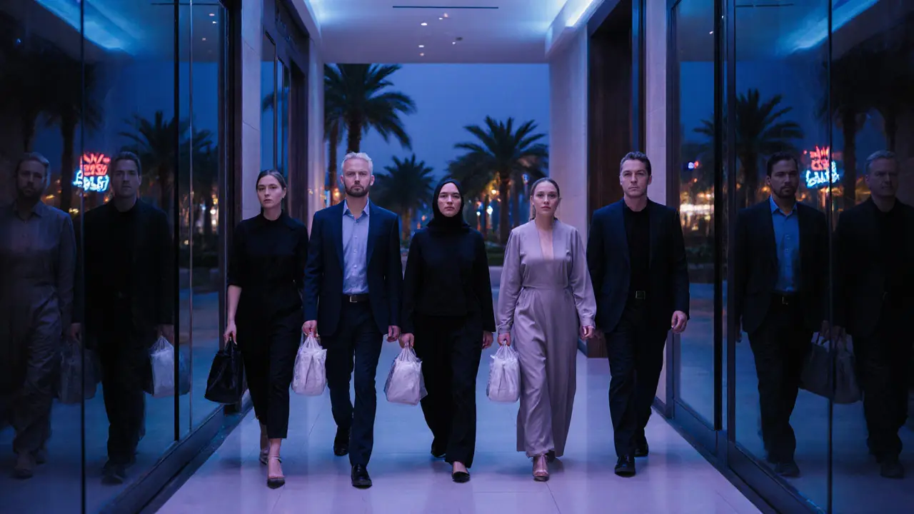 Diverse travelers walking quietly through a luxury hotel corridor at night, reflecting calm.