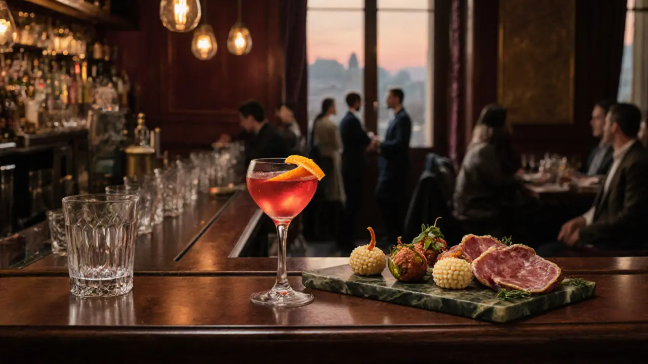 Elegant aperitivo spread at Bar Basso with Negroni Sbagliato and gourmet snacks under warm lighting.