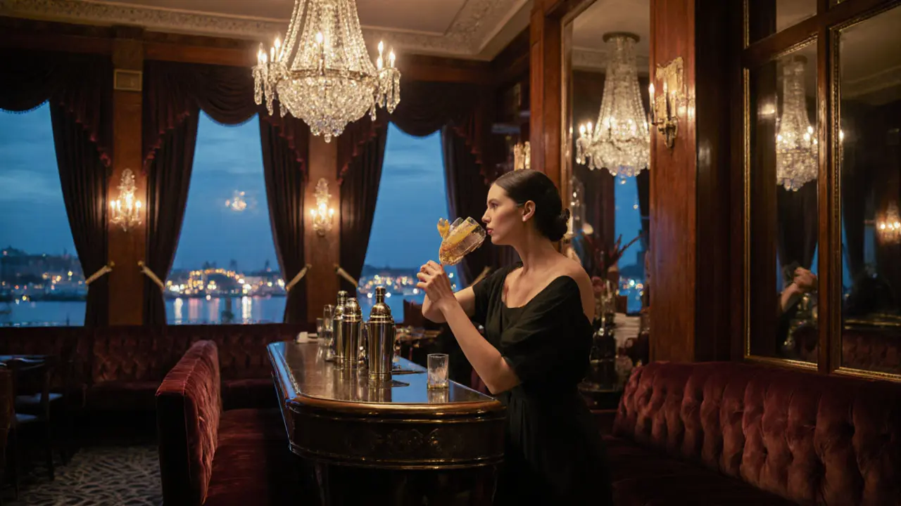 Elegant bar interior with crystal chandeliers and a gold-leaf cocktail being poured.