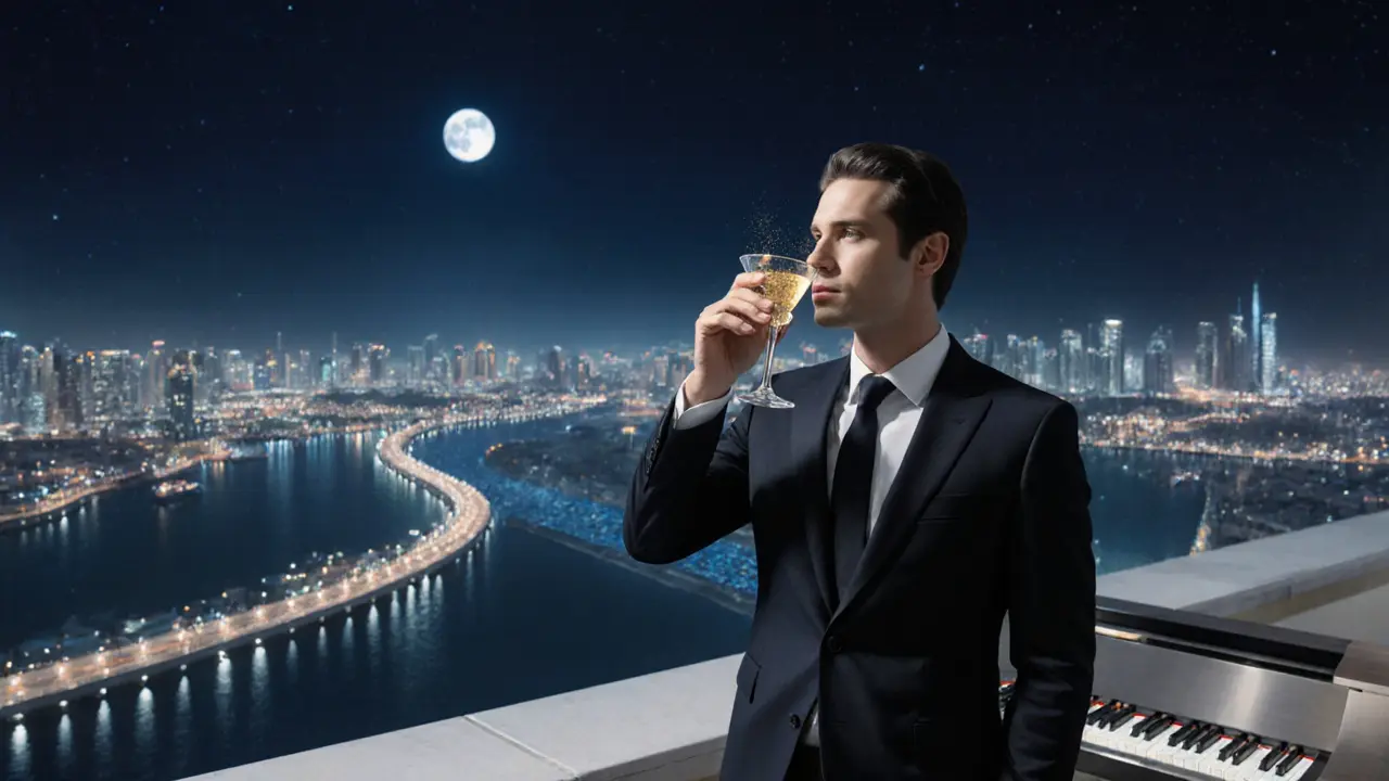 Elegant rooftop bar with city lights below and a person holding a golden cocktail at night.