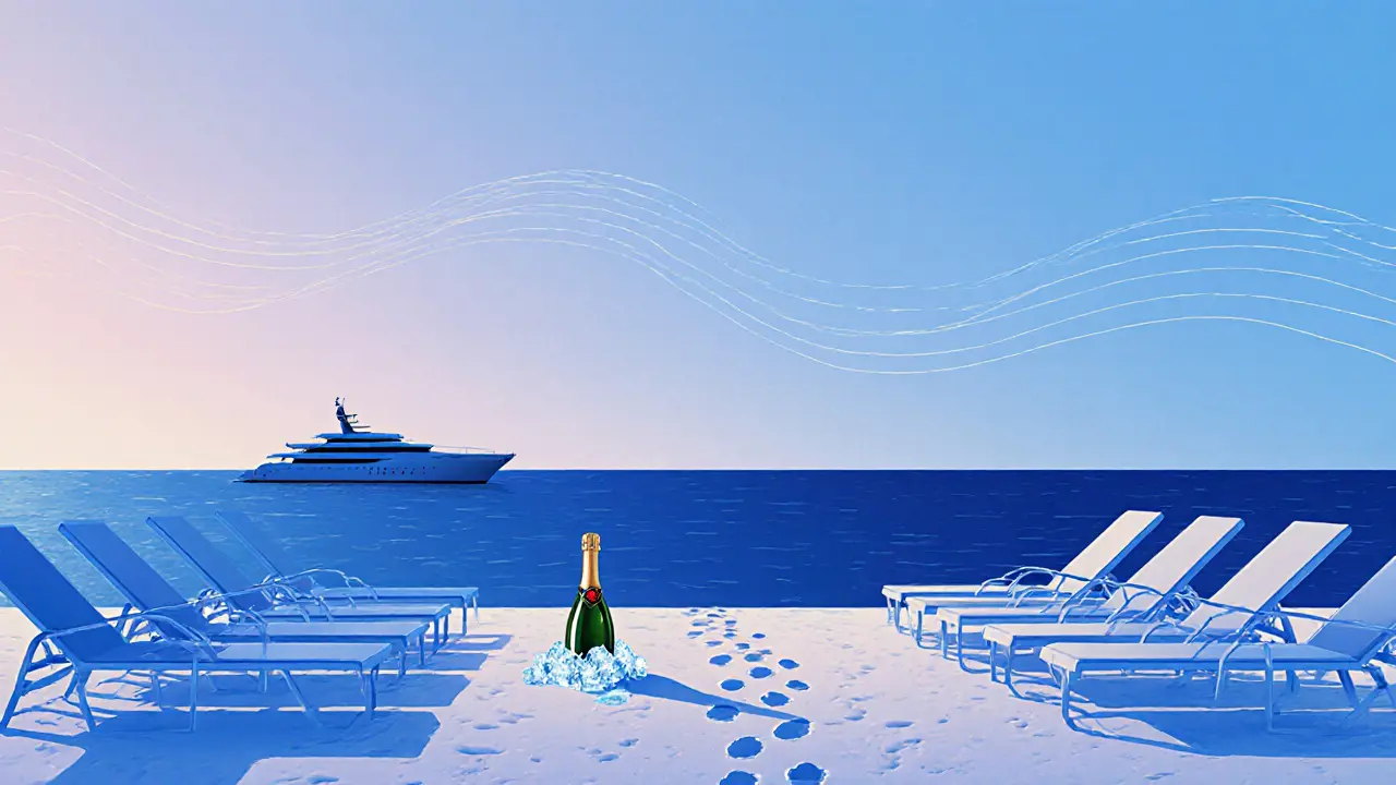 Empty beach loungers at dawn with champagne bottle melting in sand under sunrise.