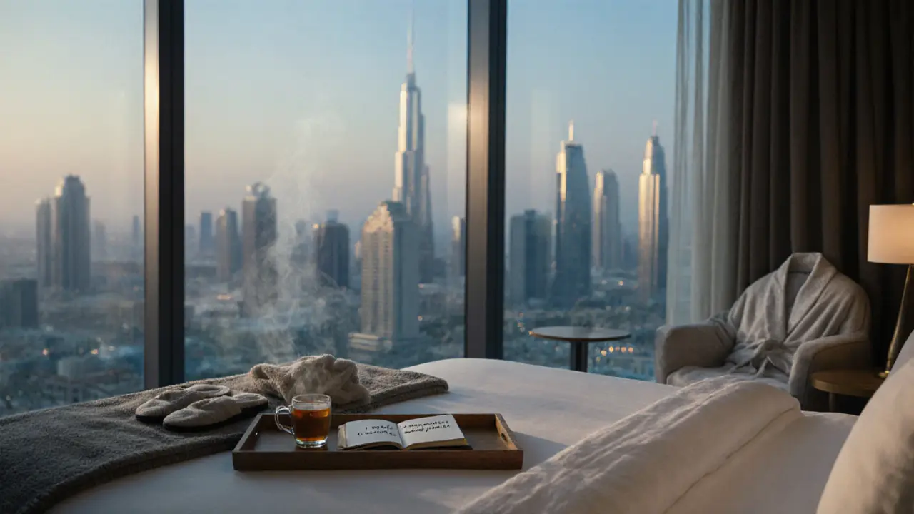 Empty luxury suite at dawn with tea, journal, and robe—symbolizing post-massage peace and renewal.