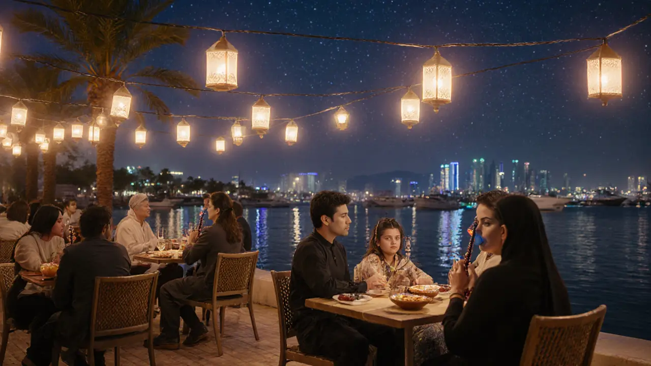 Evening promenade with shisha lounges, oud music, and lantern-lit tables by the water.