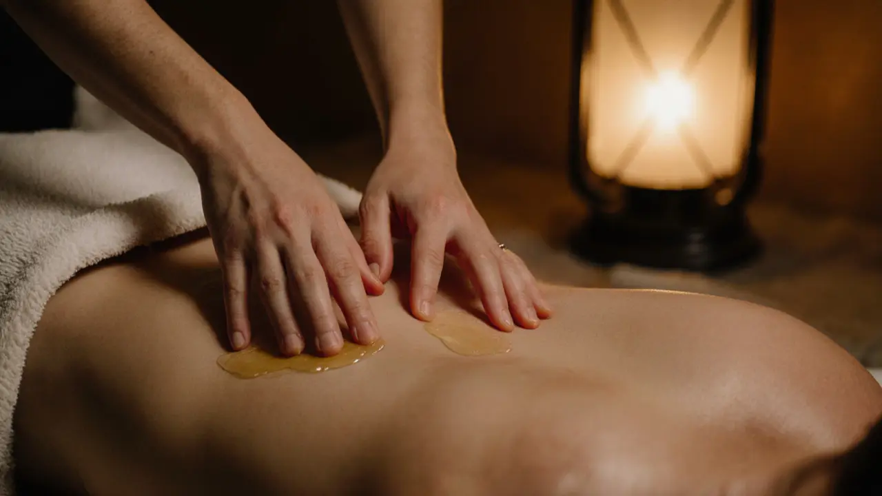 Gentle hands applying slow, intentional strokes on skin during a sensual massage, oil glistening softly.
