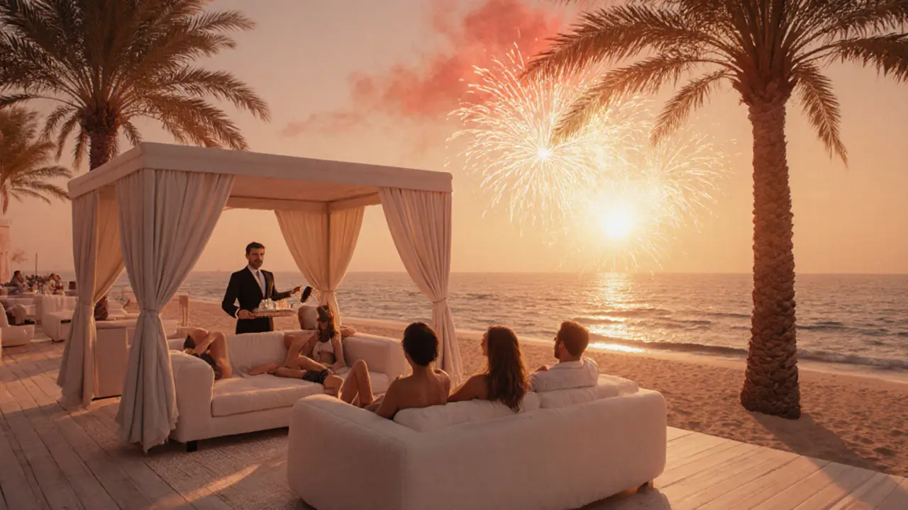Guests enjoying sunset cocktails and fireworks at White Dubai beach club under golden skies.