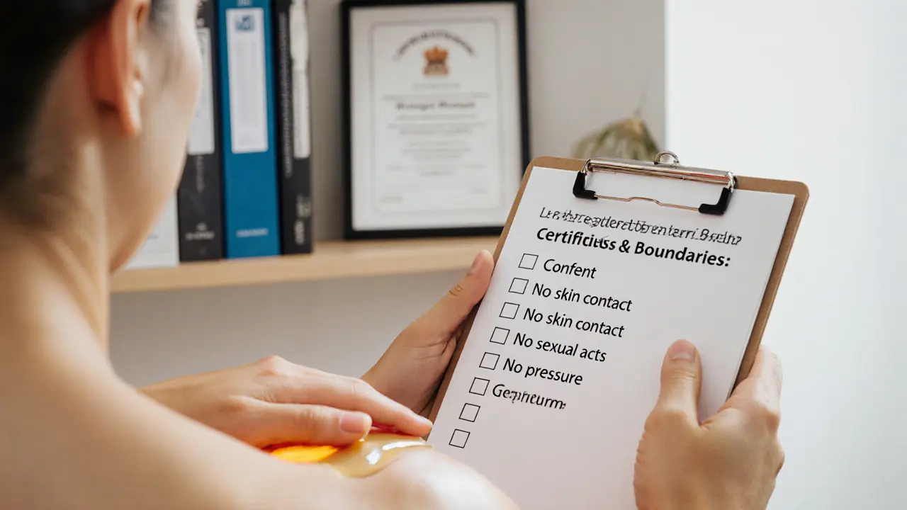Hands applying oil during a massage, with a consent checklist and professional certification visible in the background.