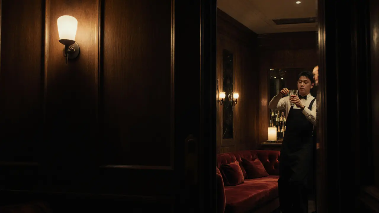 Hidden underground club Club 55 with velvet couches, dim lighting, and a bartender pouring whisky.