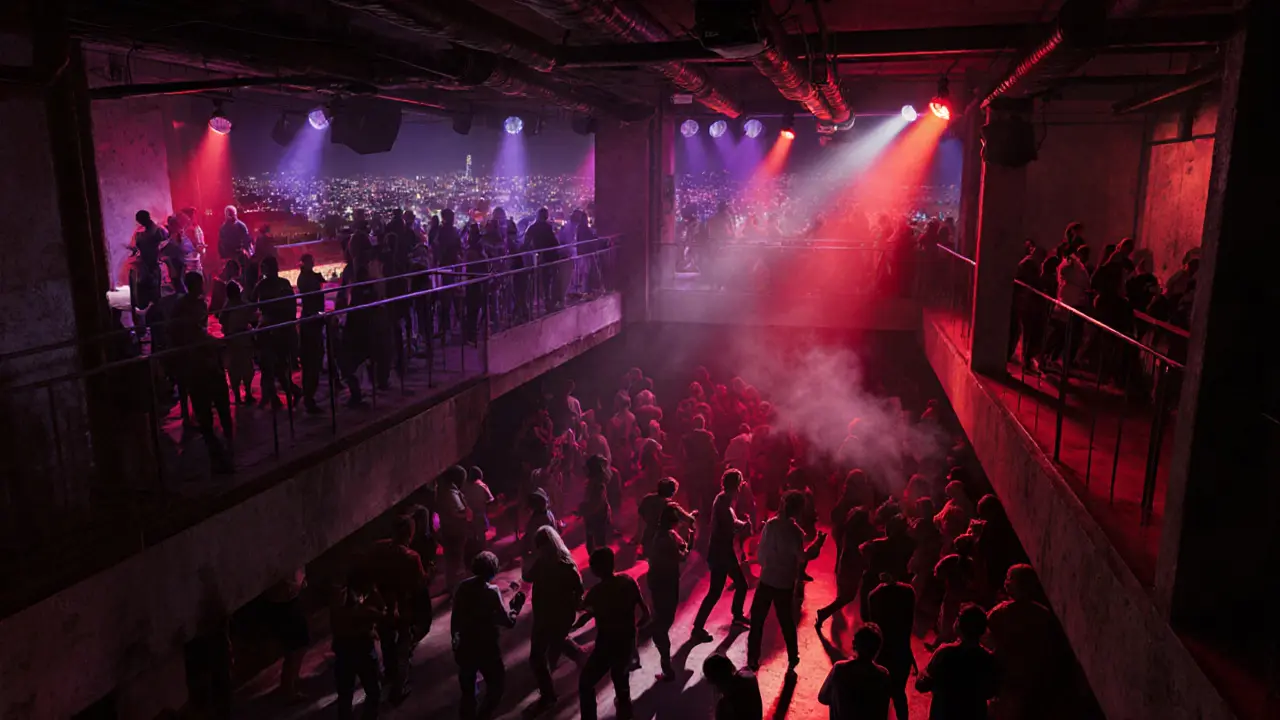 Inside Magazzini Generali club at night, crowd dancing under industrial lights and rooftop skyline.