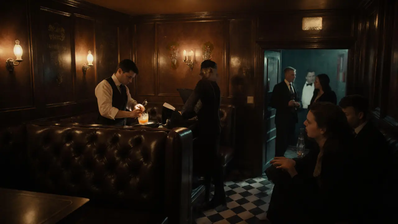 Intimate speakeasy bar with dim lighting, patrons sipping crafted cocktails in vintage attire.