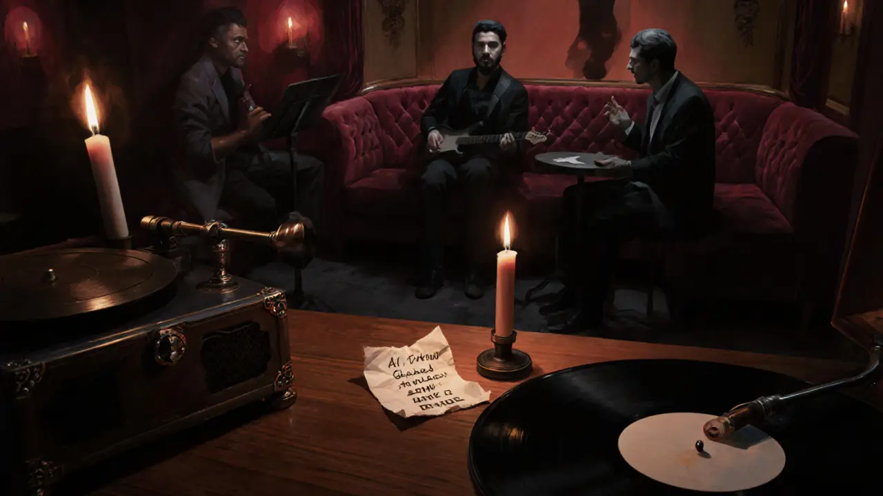 Intimate speakeasy lounge with jazz musicians and candlelight in a hidden Dubai arts district.