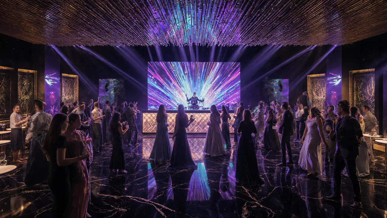 Lively nightclub interior with glowing panels, dark marble, and dancers under pulsing lights.